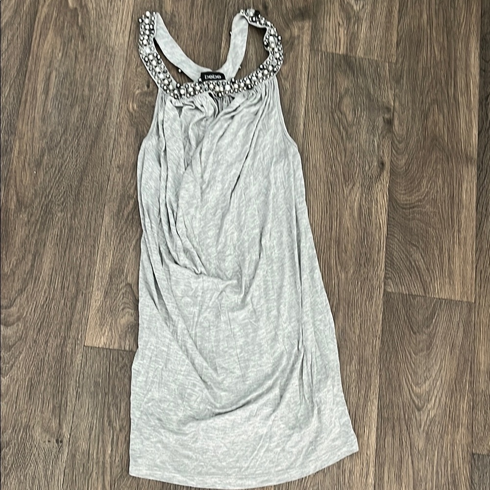 BeBe Gray Sleeveless Top with Embellished Neckline